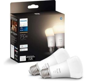 PHILIPS HUE PAQUETE DE 2 BOMBILLAS LED INTELIGENTES A19 DE 75 W, LUZ BLANCA CÁLIDA SUAVE, 1100 LÚMEN