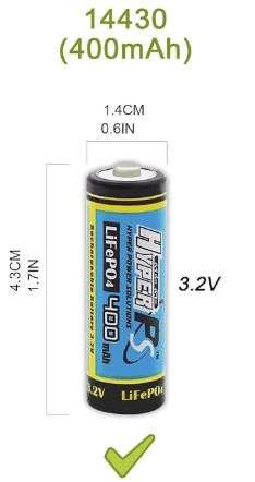 BATERIA REC. 3.2 V 400MAH 14430 HYPERPS (1.40CMX4.30CM)