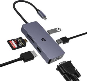 CONVERTIDOR USB C A MULTIPUERTO USB 3.0 LECTO MEMORIA VGA 6 IN 1 HB16