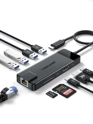 CONVERTIDOR USB C A MULTIPUERTOS 10 EN 1 MACBOOK PRO AIR, GIGABIT ETHERNET CON 4K HDMI, 100 W PD, PUERTO USB 3.0 DE 5 GBPS, ADAPTADOR DE LECTOR14 EN 1, ADAPTADOR MULTIPUERTO DONGLE CON 2 HDMI VG LEMORELE