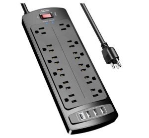 PROTECTOR DE 12 TOMAS ALESTOR 4 PUERTOS USB, CABLE DE EXTENSIÓN DE 6 PIES 1875W/15A